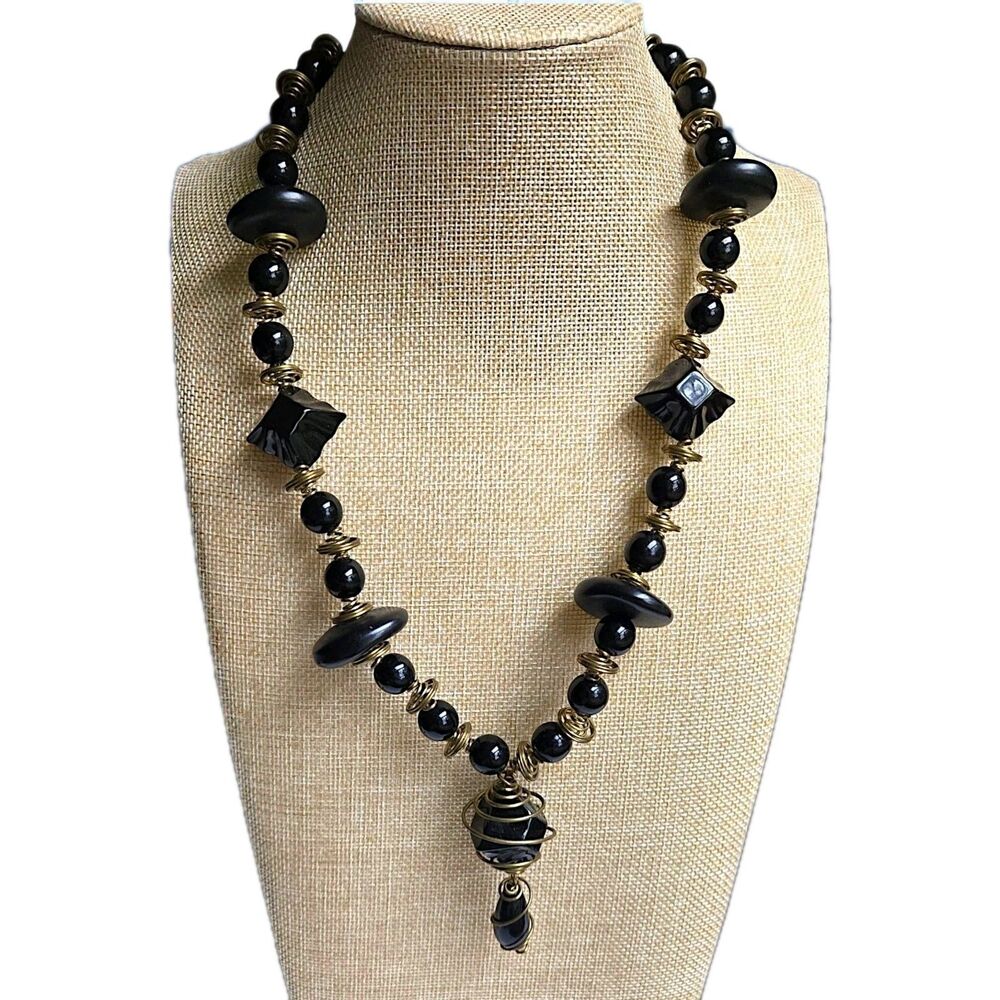 Vintage Artisan Made Coiled Wire Black Beaded Pendant Necklace Modernist 24"